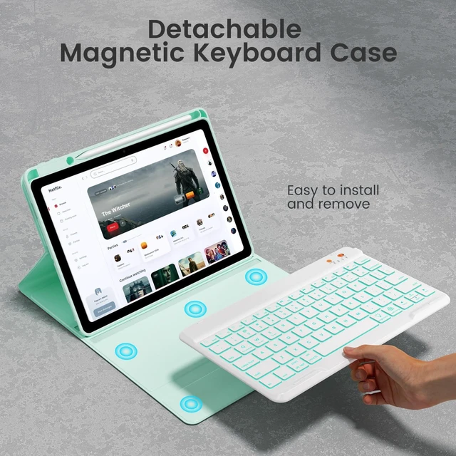 Alt view image 3 of 5 - OPAKIT 7-Color Backlit Keyboard Case for iPad 9.7 Inch 6th 5th Gen Air 2/Air 1, Detachable Wireless Bluetooth Keyboard with Pencil Holder, Auto Sleep Wake Stand Folio Protective Cover (Green)