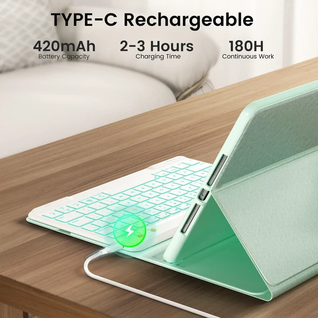 Alt view image 4 of 5 - OPAKIT 7-Color Backlit Keyboard Case for iPad 9.7 Inch 6th 5th Gen Air 2/Air 1, Detachable Wireless Bluetooth Keyboard with Pencil Holder, Auto Sleep Wake Stand Folio Protective Cover (Green)