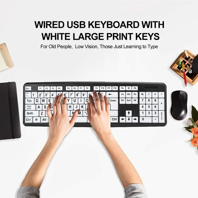 Alt view image 5 of 5 - Luqeeg Large Print Keyboard, USB Wired, 104 Keys Black White High Contrast, Low Vision, Old People Keyboard