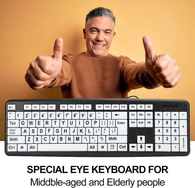 Alt view image 3 of 5 - Luqeeg Large Print Keyboard, USB Wired, 104 Keys Black White High Contrast, Low Vision, Old People Keyboard