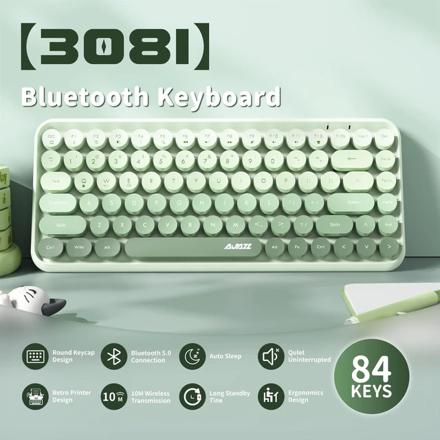 Alt view image 2 of 5 - FELICON 308i Wireless Bluetooth Keyboard, Retro Typewriter Design with Gradient Colorful Round Keycaps and Cute Magnetic Cat Doll, 84 Keys, Multi Device Keyboard for iPad/Laptop/PC/Win/Mac(Gree