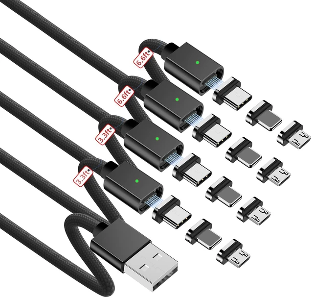 Main image of ZBF Magnetic Charging Cable 3A Fast Charging (4-Pack, 3.3/3.3/6.6/6.6 ft) 3 in 1 Magnetic Phone Charger, 480Mbps Data Transfer, USB A to Type C Charger Cable for USB-C/IproductMicro USB Device(Black)