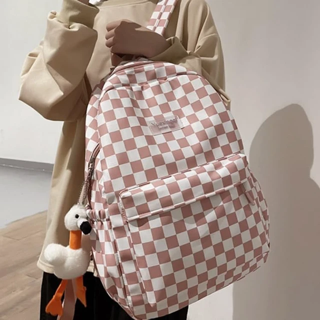 Alt view image 4 of 5 - MININAI Y2K Aesthetic Checkered Backpack with Kawaii Pendant Checkerboard Backpack Cute Preppy Laptop Backpack Light Rucksack (One Size,Pink)