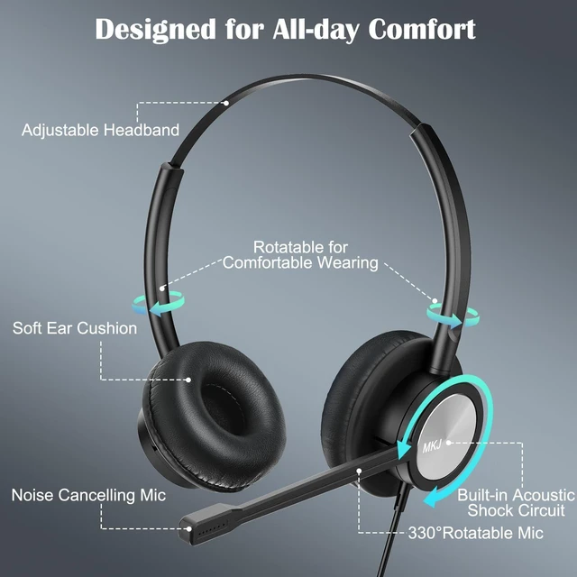 Alt view image 3 of 5 - MKJ USB Headset with Microphone for PC, USB/3.5mm Computer Headset for Call Center & Home Office, Noise Cancelling Wired Headphone for Laptop, Ms Teams, Zoom, Webinar