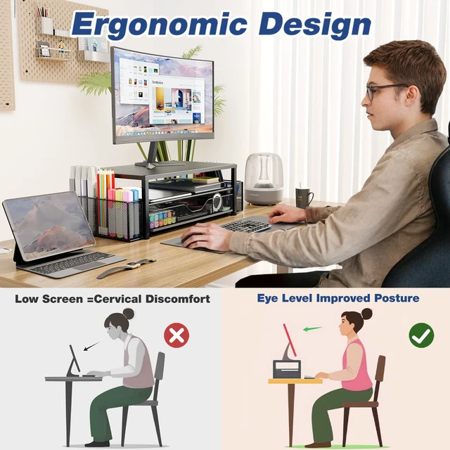 Alt view image 2 of 5 - OPNICE Desk Organizer and Accessories, 2-Tier Computer Monitor Stand Riser with Drawer and 2 Pen Holders, Laptop Stand, Office Desk Accessories for Office Supplies, Black 2-Pack