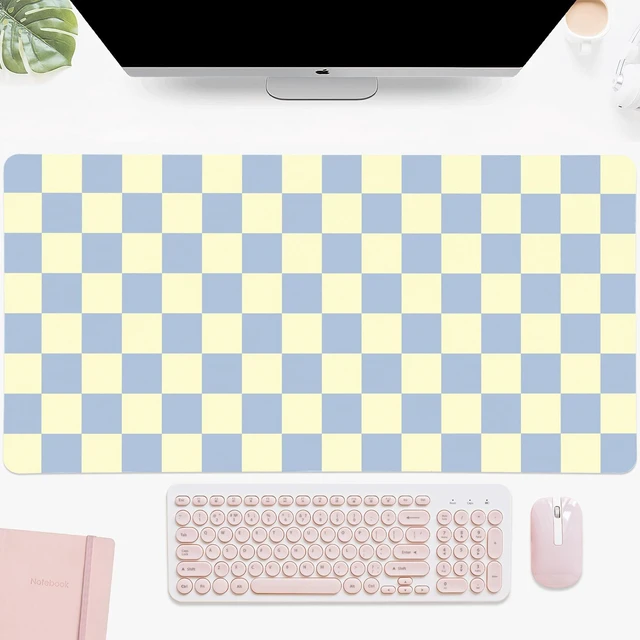 Alt view image 2 of 5 - Idocolors Light Blue Checkered Grid Checkerboard Desk Mat, Cute Extended Gaming Keyboard Mouse Pad, Large Office Desk Cover Mat Pad Deskmat, Non-Slip Leather Home Office Desk Mat Protector 31.5"15.7"