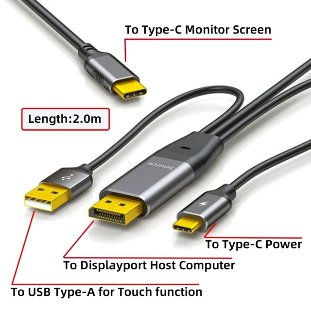 Alt view image 3 of 5 - NFHK Displayport to USB C Cable 4k@60hz with USB Power Supply Support Touch Display for Host Connected to Portable Screen/VR Glasses 6.56FT/2.0M