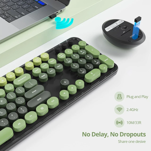 Alt view image 3 of 5 - SbocKeeb Wireless Keyboard and Mouse Set, Retro Typewriter Dark Green