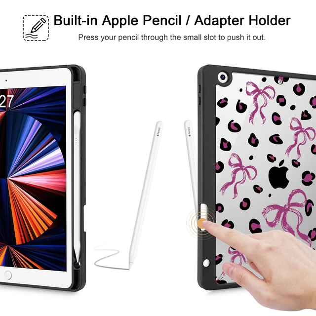 Alt view image 4 of 5 - Mektron Printed Case for iPad 10.2 Inch, iPad 9th Gen 2021/8th Gen 2020/7th Gen 2019 Tablet Case, Buit in Pencil Holder with Shockproof Cover Clear Shell + Trifold Stand, Composition Book-Bows