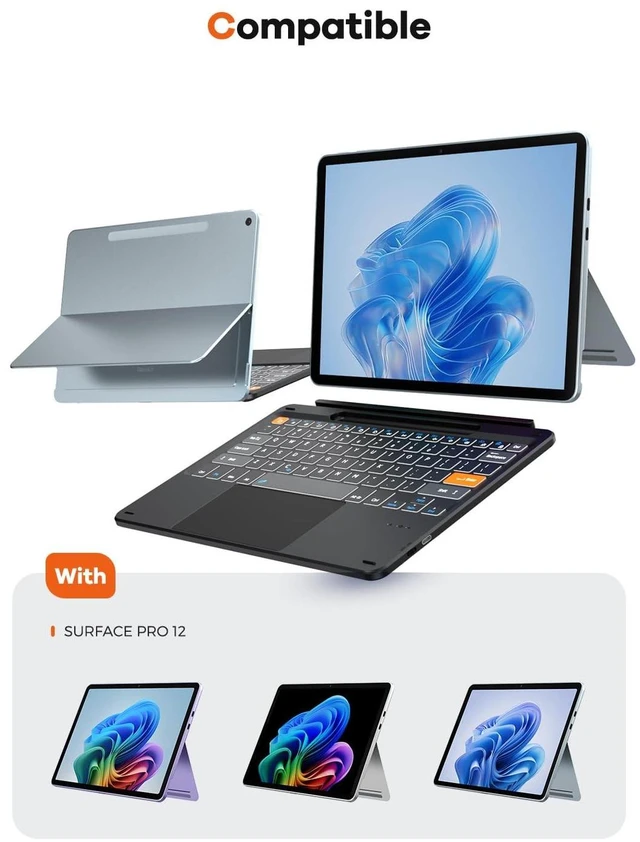 Alt view image 2 of 5 - Doohoeek Surface Pro 12 12-inch 2025 Keyboard, Bluetooth Keyboard with Touch Pad & Pen Slot & Lighting Keys Compatible with Surface Pro Copilot+ 12", Ultra-Slim Wireless Keypad for Windows 11