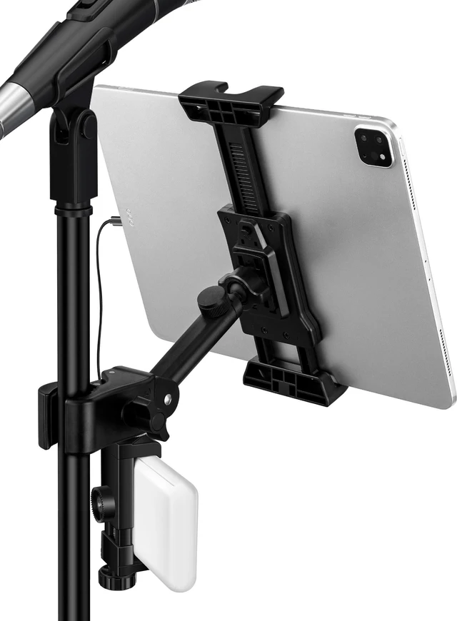 Main image of Tablet Holder for Microphone Stand with Power Bank Clip, iPad Music Stand