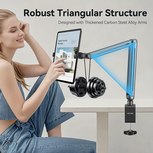 Alt view image 3 of 5 - Mechrig Aluminum Tablet Stand Holder - 360 Adjustable & Foldable Phone iPad Holder for Desk Mount, Dual-Device Desk Clamp for iPad Pro/Air/Mini, Samsung Galaxy Tab, Kindle, Phones 4-13"-931010