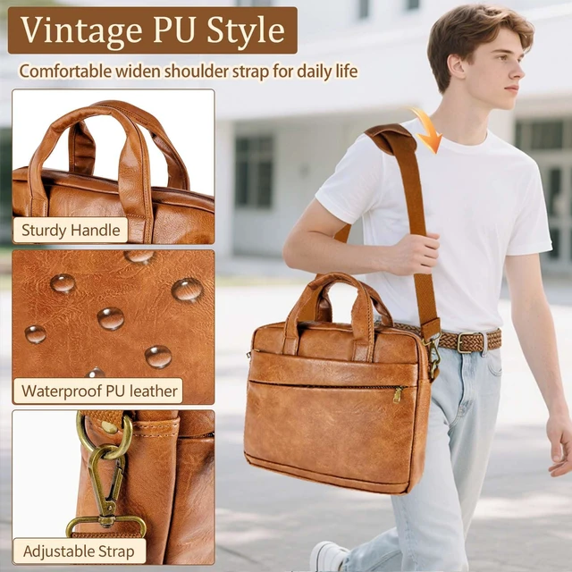 Alt view image 3 of 5 - Faux Leather Messenger Bag for Men 17.3 Inch: Laptop Bag Briefcase Computer Handbags Shoulder Crossbody Bag with Padded Laptop Sleeve for Work College Travel, PU Brown