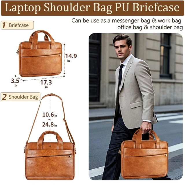 Alt view image 4 of 5 - Faux Leather Messenger Bag for Men 17.3 Inch: Laptop Bag Briefcase Computer Handbags Shoulder Crossbody Bag with Padded Laptop Sleeve for Work College Travel, PU Brown