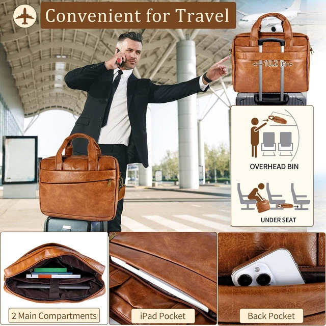 Alt view image 5 of 5 - Faux Leather Messenger Bag for Men 17.3 Inch: Laptop Bag Briefcase Computer Handbags Shoulder Crossbody Bag with Padded Laptop Sleeve for Work College Travel, PU Brown