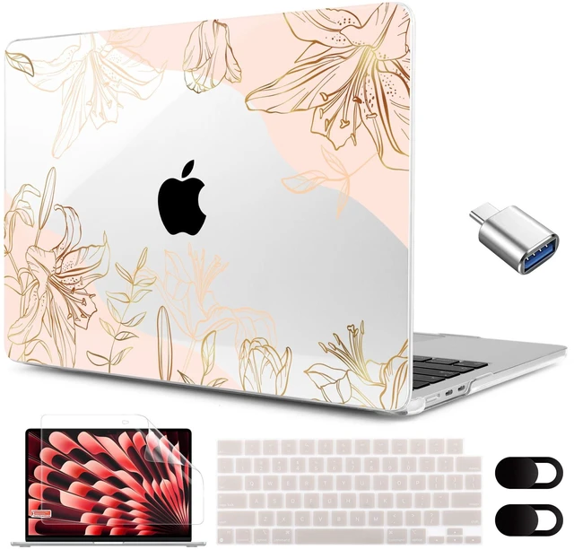 Main image of MEEgoodo for M5/M4/M3/M2 MacBook Air 15 inch Case 2026 2025 2024 2023, Case Fit Model (A3448/A3241/A3114/A2941) for MacBook Air 15.3 inch, Gold Flowers Lilies
