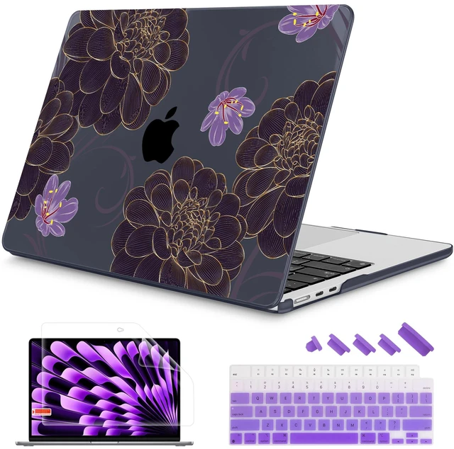 Main image of Mektron for 2026/2025/2024/2023 MacBook Air 15 INCH M5 A3448 /M4 A3241 /M3 A3114 /M2 A2941 Case, Printed Plastic Hard Shell Cover with 15.3" Liquid Retina Display Touch ID, Golden Dahlia Flowers