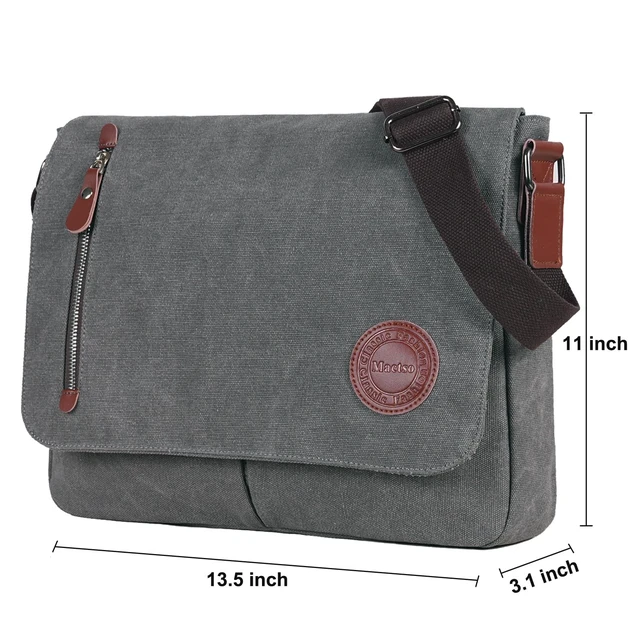 Alt view image 4 of 5 - Mactso Vintage Canvas Messenger Bag for Men Women, 13.5 Inch Laptop Satchel Shoulder Bag with Multiple Pockets, Crossbody Bag for Work Travel College (Grey)
