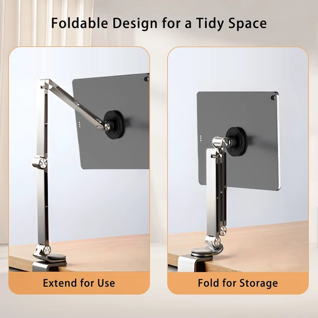 Alt view image 2 of 5 - HIBORI Magnetic Tablet Stand for Desk Aluminum Alloy Phone iPad Desk Holder Overhead Arm Mount with 360Rotate Base for Magsafe/iPhone/Android/iPad (Magnetic Silver)
