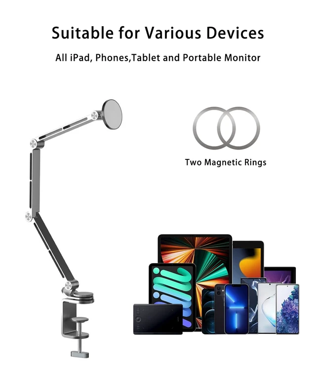 Alt view image 4 of 5 - HIBORI Magnetic Tablet Stand for Desk Aluminum Alloy Phone iPad Desk Holder Overhead Arm Mount with 360Rotate Base for Magsafe/iPhone/Android/iPad (Magnetic Silver)