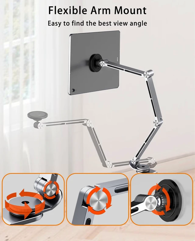 Alt view image 3 of 5 - HIBORI Magnetic Tablet Stand for Desk Aluminum Alloy Phone iPad Desk Holder Overhead Arm Mount with 360Rotate Base for Magsafe/iPhone/Android/iPad (Magnetic Silver)