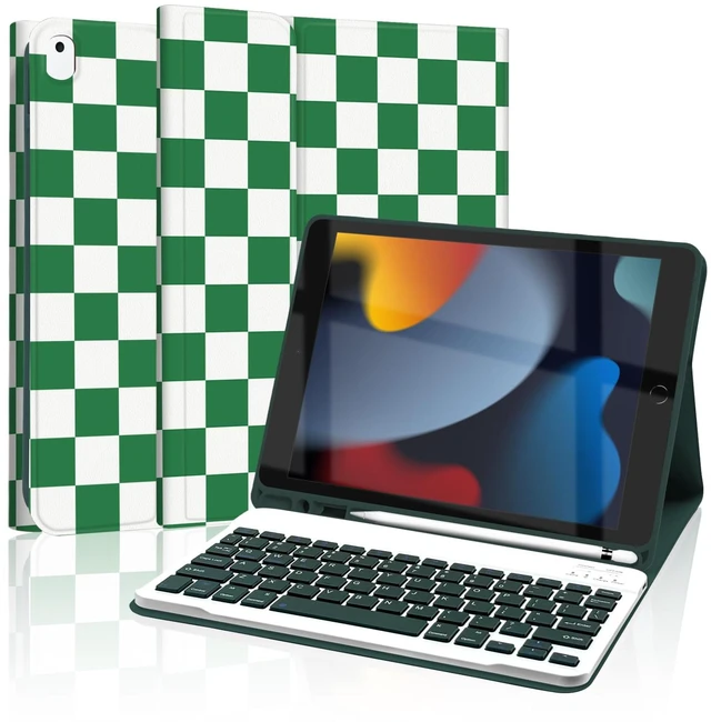 Main image of Mewealth Keyboard Case for iPad 9th / 8th / 7th Generation 10.2 Inch with Pencil Holder, Detachable Keyboard Cover for iPad Pro 10.5" / iPad Air 3rd, Checkered Plaid White-Green