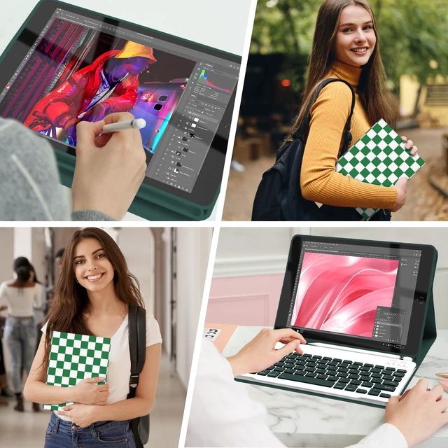 Alt view image 5 of 5 - Mewealth Keyboard Case for iPad 9th / 8th / 7th Generation 10.2 Inch with Pencil Holder, Detachable Keyboard Cover for iPad Pro 10.5" / iPad Air 3rd, Checkered Plaid White-Green