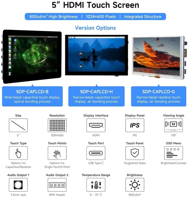 Alt view image 3 of 5 - waveshare 5inch High-Brightness Touch Screen, Compatible with Raspberry Pi 5/4B/3B/Zero/Zero W/Zero 2W/Pico/Pico W/Pico WH, Supports Windows 11/10/8.1/8/7 & Jetson Nano, Narrow-Bezel Resistive Touch