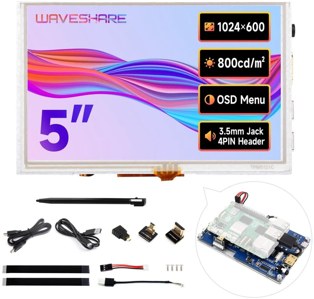 Main image of waveshare 5inch High-Brightness Touch Screen, Compatible with Raspberry Pi 5/4B/3B/Zero/Zero W/Zero 2W/Pico/Pico W/Pico WH, Supports Windows 11/10/8.1/8/7 & Jetson Nano, Narrow-Bezel Resistive Touch