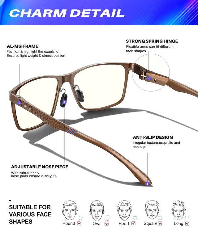 Alt view image 3 of 5 - ANYLUV Blue Light Glasses Men, Relieve Eyestrain and Eye Protection, Al-Mg Metal Computer Blue Light Blocking Glasses Clear Brown