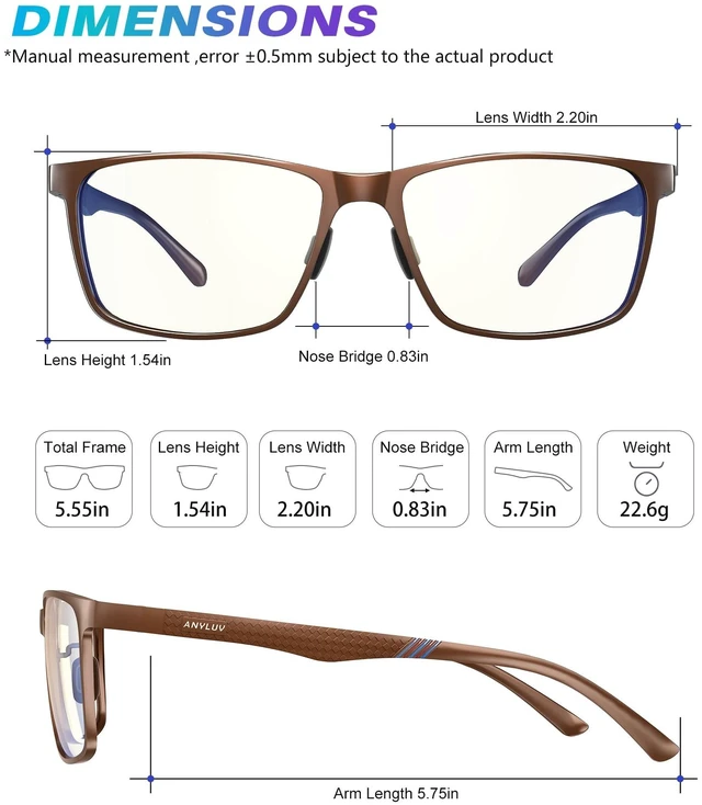 Alt view image 4 of 5 - ANYLUV Blue Light Glasses Men, Relieve Eyestrain and Eye Protection, Al-Mg Metal Computer Blue Light Blocking Glasses Clear Brown