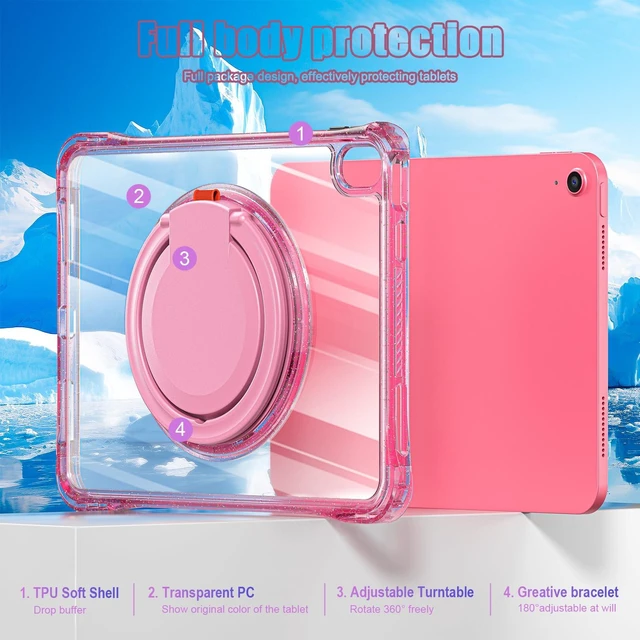 Alt view image 3 of 5 - MEEgoodo Case for iPad A16 11th Generation 11 inch 2025, Cover for iPad 10th Generation 2022, Glitter Tablet Cases with Soft TPU & Transparent PC & Rotating Stand for Kids, Pink