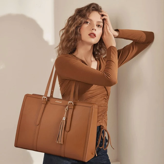 Alt view image 2 of 5 - LOVEVOOK Laptop Bag for Women 15.6 inch Lightweight PU Laptop Tote, Large Capacity Computer Bag with Clutch Purse for Business, Work, Office, Travel, School, Casual (Brown & Leather)
