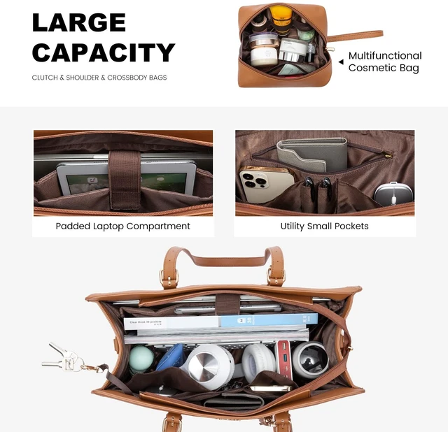 Alt view image 3 of 5 - LOVEVOOK Laptop Bag for Women 15.6 inch Lightweight PU Laptop Tote, Large Capacity Computer Bag with Clutch Purse for Business, Work, Office, Travel, School, Casual (Brown & Leather)
