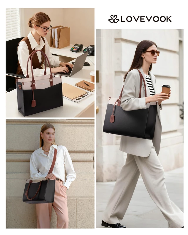 Alt view image 2 of 5 - LOVEVOOK Laptop Bag for Women, 2-in-1 Tote Purse with Clutch & Cup Holder, Waterproof Briefcase for Work Travel, Large Capacity Structured Work Bag 15.6 Inch, Black-Beige-Brown