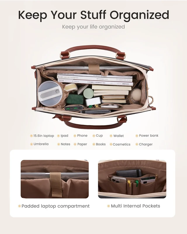 Alt view image 4 of 5 - LOVEVOOK Laptop Bag for Women, 2-in-1 Tote Purse with Clutch & Cup Holder, Waterproof Briefcase for Work Travel, Large Capacity Structured Work Bag 15.6 Inch, Black-Beige-Brown