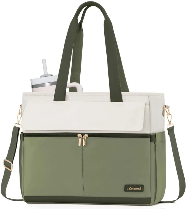 Main image of LOVEVOOK Laptop Bag for Women 15.6 Inch Canvas Laptop Large Capacity Work Bags Mutiple Pockets Teacher Bag Water Resistant Computer Bags for Business Travel Nurse, Green Beige