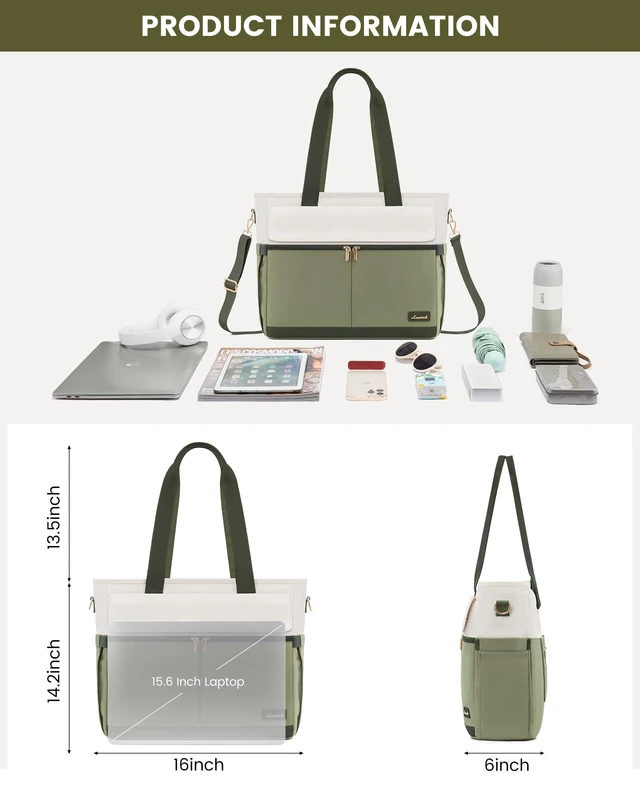 Alt view image 4 of 5 - LOVEVOOK Laptop Bag for Women 15.6 Inch Canvas Laptop Large Capacity Work Bags Mutiple Pockets Teacher Bag Water Resistant Computer Bags for Business Travel Nurse, Green Beige