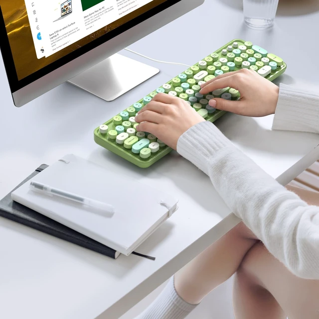 Alt view image 3 of 5 - KNOWSQT Wired Computer Keyboard - Green Colorful Retro Full Size Round Keycaps Plug and Play Typewriter Cute Keyboards for Windows, Laptop, PC, Desktop, Computer