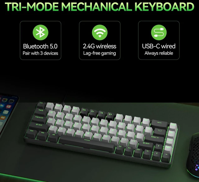 Alt view image 2 of 5 - TMKB T68 60% Wireless Mechanical Gaming Keyboard, Tri-Mode BT5.0/2.4GHz/USB-C with Blue Switch, RGB Backlight, Anti-Ghosting, Compact 68 Keys, Wired/Wireless, Black/Gray