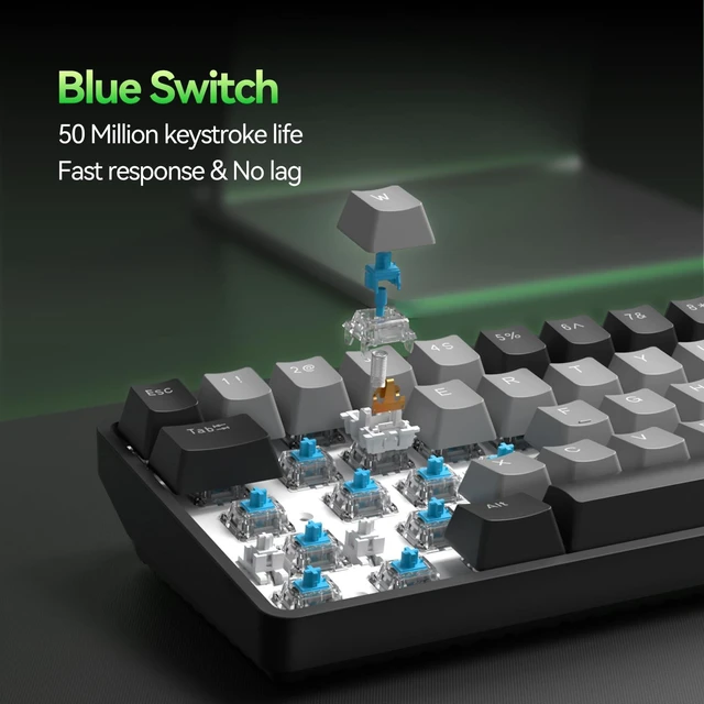 Alt view image 3 of 5 - TMKB T68 60% Wireless Mechanical Gaming Keyboard, Tri-Mode BT5.0/2.4GHz/USB-C with Blue Switch, RGB Backlight, Anti-Ghosting, Compact 68 Keys, Wired/Wireless, Black/Gray