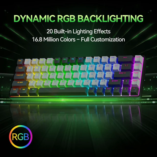 Alt view image 4 of 5 - TMKB T68 60% Wireless Mechanical Gaming Keyboard, Tri-Mode BT5.0/2.4GHz/USB-C with Blue Switch, RGB Backlight, Anti-Ghosting, Compact 68 Keys, Wired/Wireless, Black/Gray