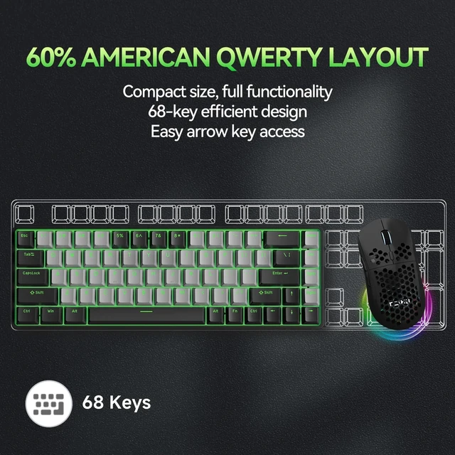 Alt view image 5 of 5 - TMKB T68 60% Wireless Mechanical Gaming Keyboard, Tri-Mode BT5.0/2.4GHz/USB-C with Blue Switch, RGB Backlight, Anti-Ghosting, Compact 68 Keys, Wired/Wireless, Black/Gray