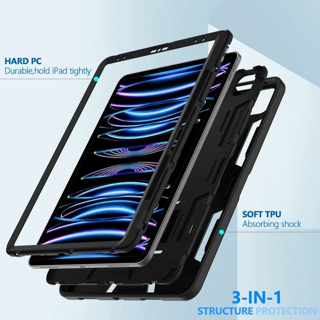Alt view image 2 of 5 - Puxicu Case for iPad Pro 12.9" 6th Gen/5th Gen/4th Gen/3rd Gen, Heavy Duty Rugged Protective, Built-in Pencil Holder Cover for iPad Pro 12.9 2022/2021/2020/2018, Black