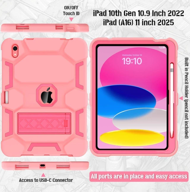 Alt view image 4 of 5 - CCMAO Case for iPad (A16) 11th/10th Generation(2025/2022), iPad 10th Case with Kickstand & Pencil Holder, Heavy Duty Shockproof Hybrid Three Layer Protective Cover for iPad 11/10, Rose Gold+Rose