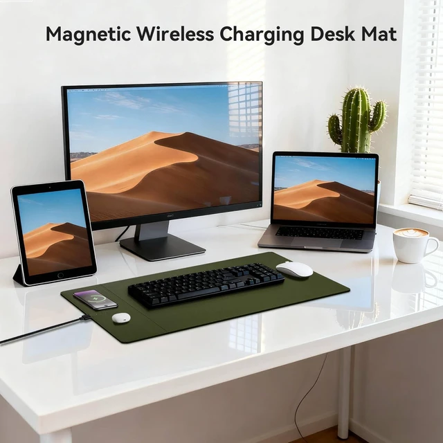 Alt view image 2 of 5 - Hi-HONX Wireless Charging Mouse Pad, 15W Fast Charge Magnetic Charger Desk Pad, Large Office Desk Mat (23.4x15.6) with Ultra-Smooth Surface, Green Computer Mousepad for MacBook, PC, Laptop