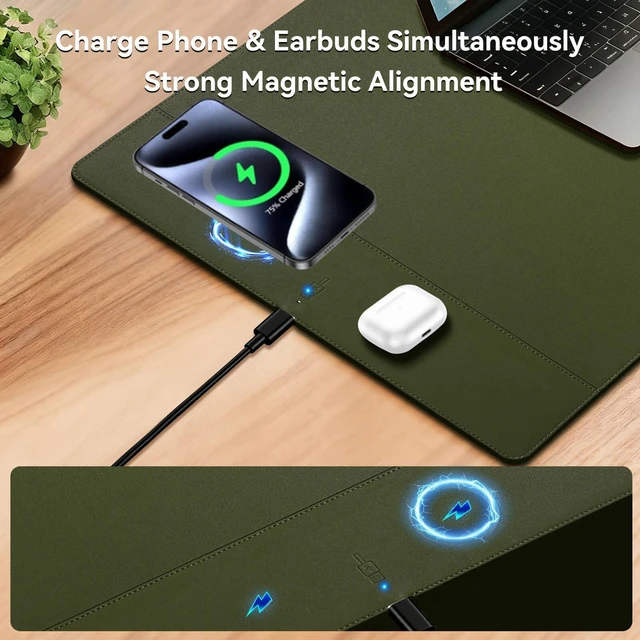 Alt view image 3 of 5 - Hi-HONX Wireless Charging Mouse Pad, 15W Fast Charge Magnetic Charger Desk Pad, Large Office Desk Mat (23.4x15.6) with Ultra-Smooth Surface, Green Computer Mousepad for MacBook, PC, Laptop