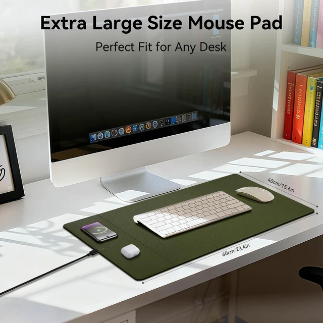 Alt view image 5 of 5 - Hi-HONX Wireless Charging Mouse Pad, 15W Fast Charge Magnetic Charger Desk Pad, Large Office Desk Mat (23.4x15.6) with Ultra-Smooth Surface, Green Computer Mousepad for MacBook, PC, Laptop