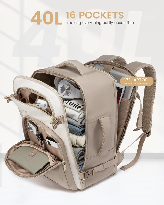 Alt view image 3 of 5 - LOVEVOOK Travel Essentials Carry on Backpack 40L Travels Backpack for Women,Waterproof TSA Personal Item Travels Bag Airline Flight Approved,Large Carry on Luggage Laptop Backpack with Packing Cubes