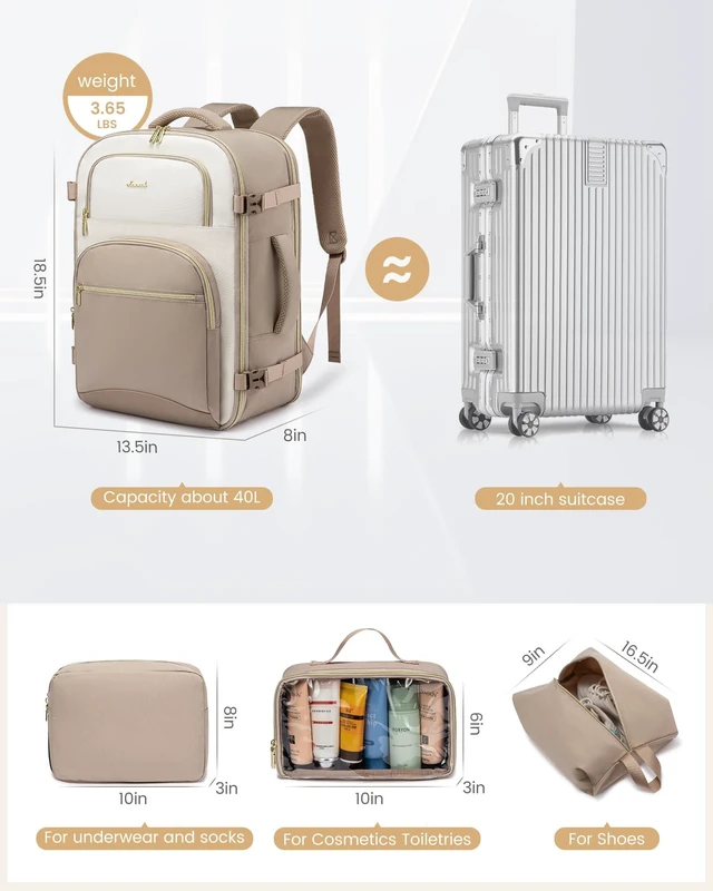Alt view image 5 of 5 - LOVEVOOK Travel Essentials Carry on Backpack 40L Travels Backpack for Women,Waterproof TSA Personal Item Travels Bag Airline Flight Approved,Large Carry on Luggage Laptop Backpack with Packing Cubes
